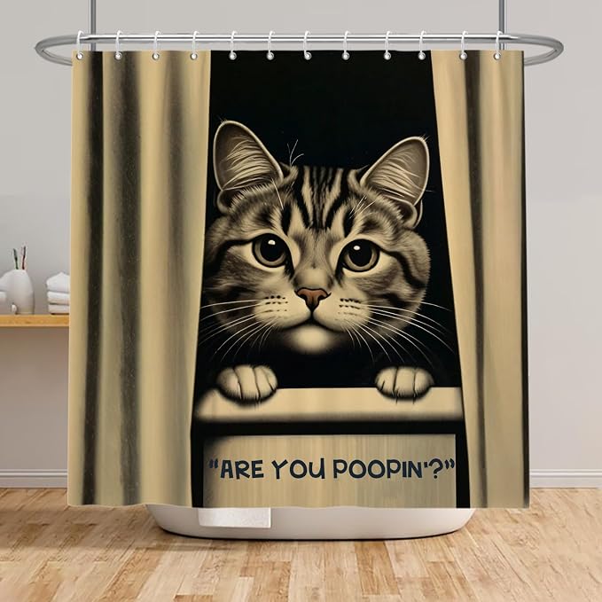 Cat Shower Curtains Cute are You Poopin' Funny Humorous Animal Whimsical Bathroom Curtain Curious Joke Cat Shower Curtain Sets for Bathroom Extra Long 69x70 in with 12 Hooks