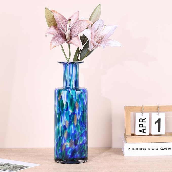 LCCCK 13" Tall Glass Vase Pretty Hand Blown Glass Vase, Unique Colorful Flower Vases for Bouquet, Modern Sea Art Decorative Vase for Home Living Room Kitchen Bathroom Dining Table Centerpieces