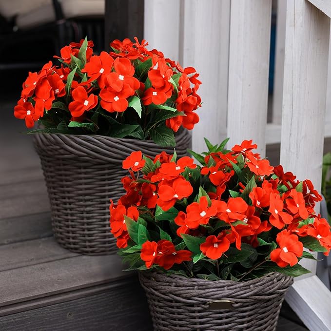 6 Pcs Artificial Red Christmas Flowers Christmas Decor, Velvet UV Resistant Faux Impatiens for Indoor Table Outdoor Planters Patio Lawn Garden Balcony Pot