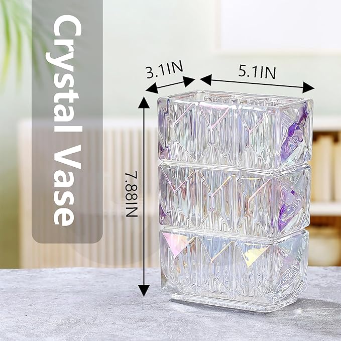 Glass Flower Vase, Clear Crystal Vases for Centerpieces, Heavy Handmade Modern Vases for Decor Home Bedroom Kitchen Office Living Room, 7.88 Inch (Clear Iridescent)