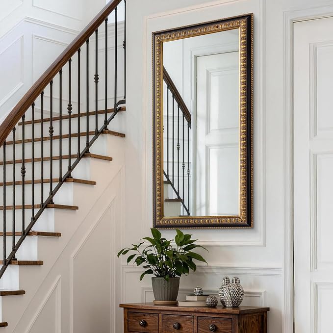 Vintage Wall Mirror for Living Room, 48" L x 24" W Large Gold Mirror for Wall with Carved Wood Frame, Rectangular Baroque Mirrors for Bathroom Entrance Hallyway, Horizontal/Vertical Hanging