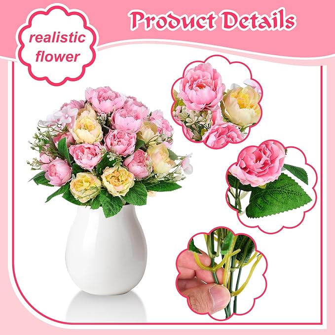 Olgaa 12 Bundles Peonies Artificial Flowers Fake Peony Bouquet Faux Peonies Flowers Bulk with Stems Flower Balls for Centerpiece Table Decorations Wedding Bridal Floral Arrangement (Pink)