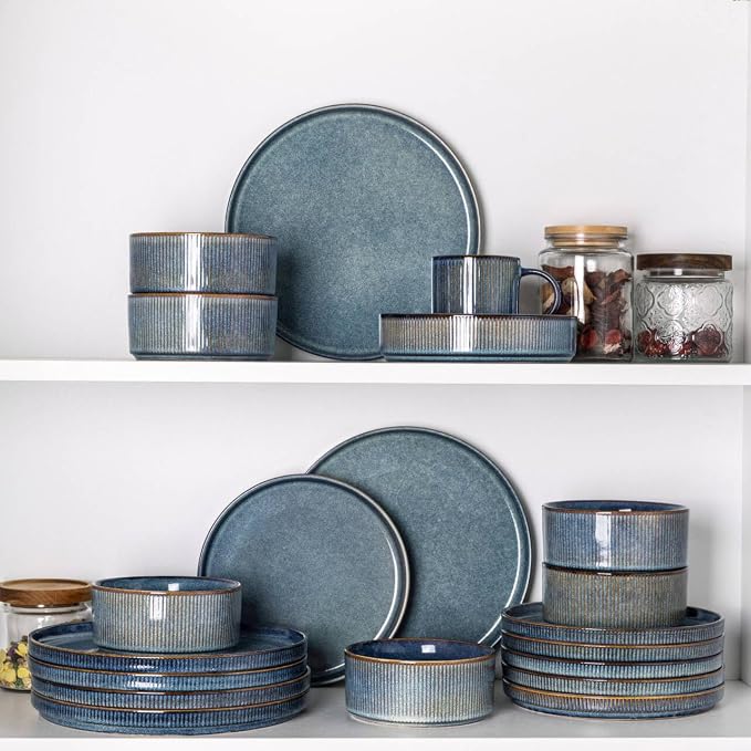 GBHOME 18-Piece Stoneware Dinnerware Set for 6 – Ribbed Ceramic Plates and Bowls, Scratch-Resistant, Microwave & Dishwasher Safe, Reactive Glaze, Ceylon Blue