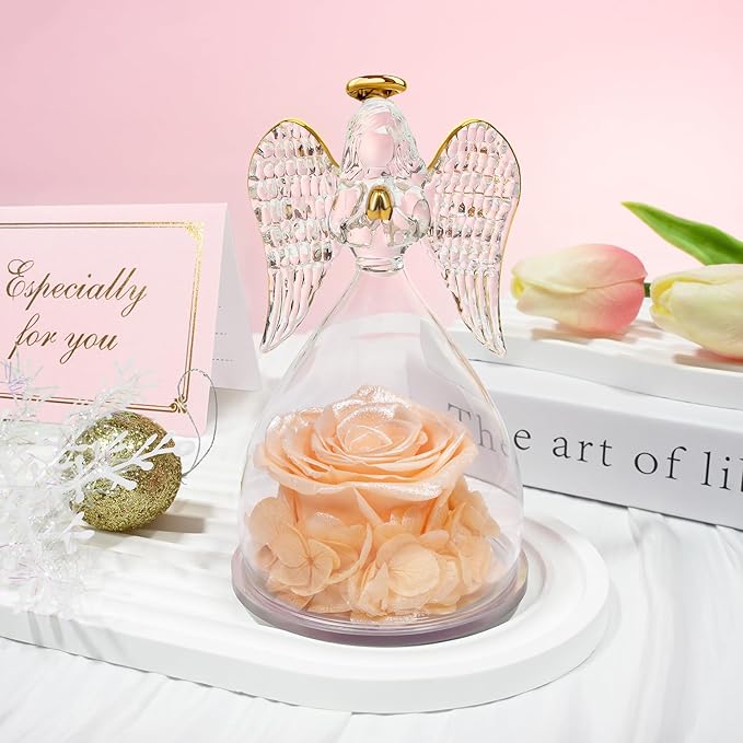 Sunia Preserved Flower Rose Gift for Women - Mother's Day Birthday Gifts for Mom Wife Grandma, Glass Angel Figurines Forever Real Roses Gifts for Her Valentine Day Thanksgiving﻿ (Sparkling Champagne)