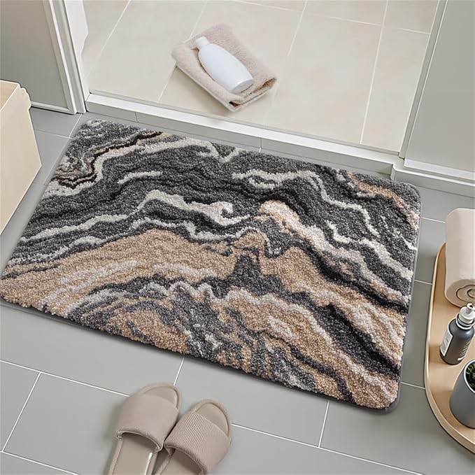 Ankah Luxurious Nordic Bathroom Rug, Extra Soft Fluffy Bath Mat, Absorbent, Non-Slip, Easy to Care and Fast Drying, Modern Style Marble Pattern Shower Rug, Home Decor Accessories, 17.3"x29.9", Brown