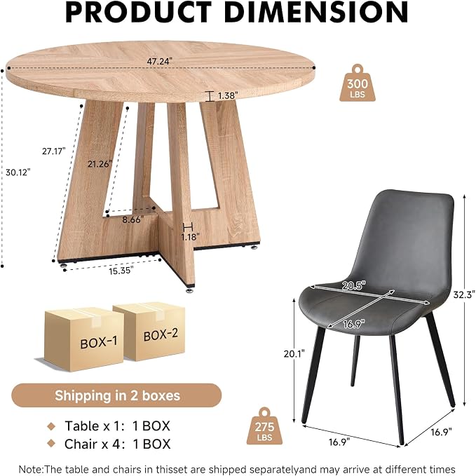 47 inch Round Dining Table Set for 4 with Chairs Kitchen Table and Chairs Set Mid-Century Modern Round Wood Kitchen Tables with Upholstered Synthetic Leather Chairs Set of 4