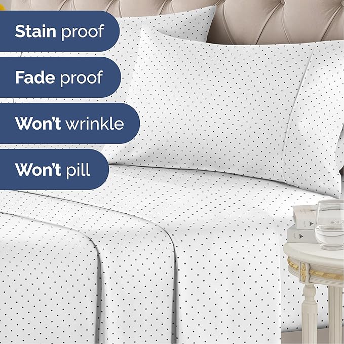 Blue Polka Dots Bed Sheet Set – 1 Flat & 1 Fitted Sheet & 2 Pillowcases w/ Deep Pockets – Polka Dot Bedding - Wrinkle & Fade Resistant - Soft, Breathable & Cooling - Comfy, Luxury Bed Set - Full Size