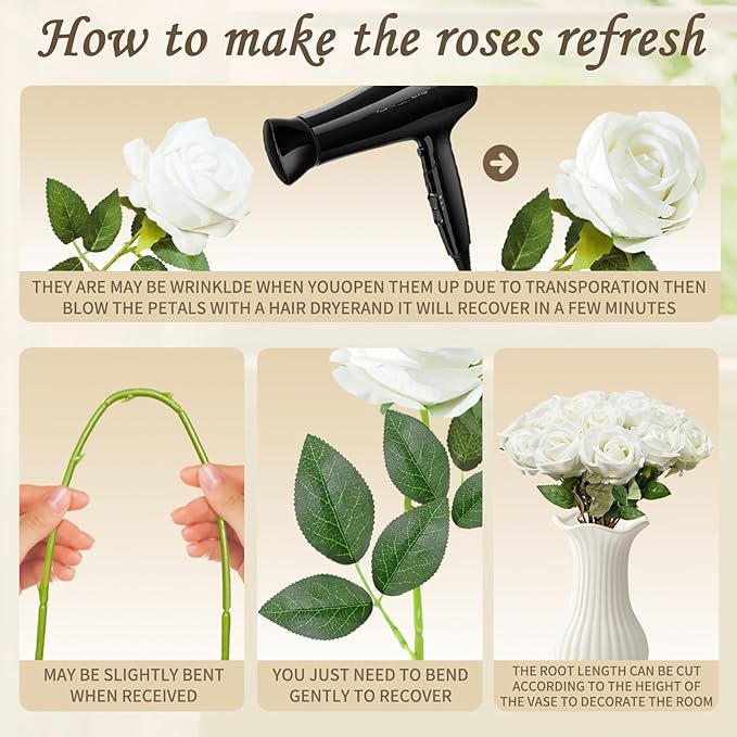 22 Pcs Artificial Roses - Realistic Velvet Flowers with Stems, Bulk Faux Roses for Home Wedding Party Decor (White)