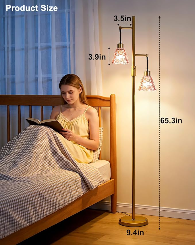 Lightdot 2-Light Gold Flower Floor Lamp, 65IN Rose Red Glass Floor Lamp with 3000K Warm White Bulbs, Modern Standing Tall Lamp with 5Lbs Heavy Base for Living Room Bedroom Home Office Sofa Beside