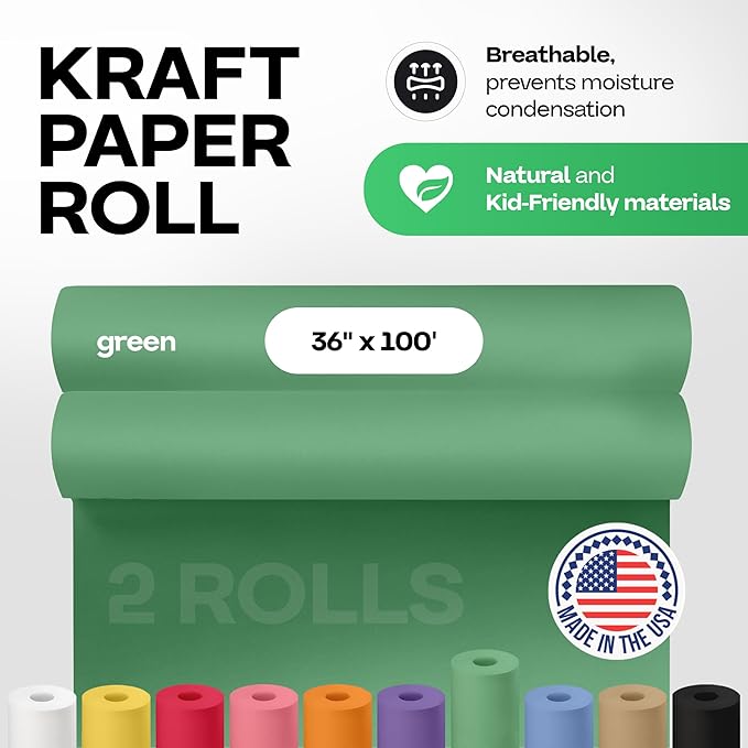 36" x 1200" (100 ft) Christmas Green Kraft Paper Rolls, Pack of 2 - USA-Made Quality Craft Paper for Gift Wrapping, Kids' Arts & Crafts, School Projects - 50 lb Natural Material by IDL Packaging