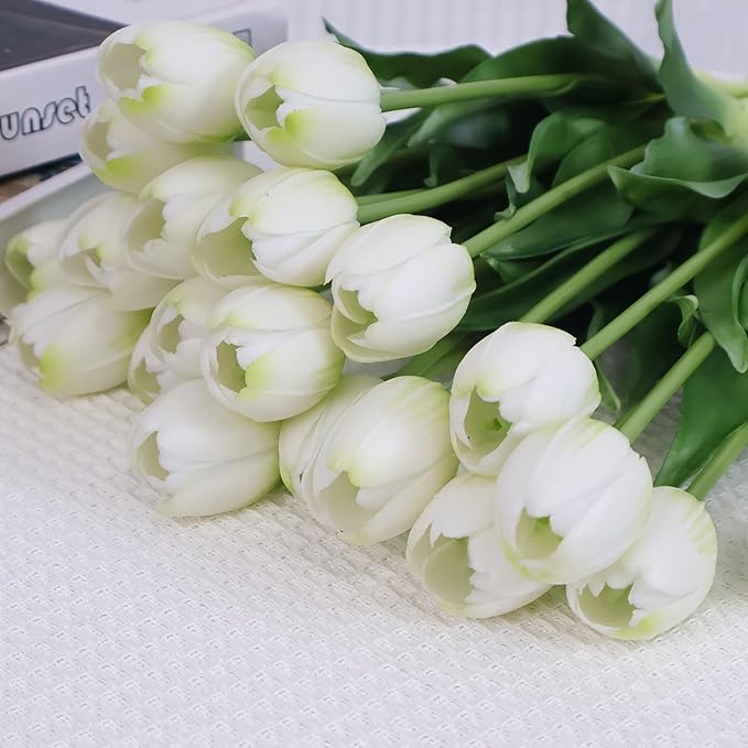 20 Artificial Tulips in Fluted Glass Vase, Waterproof Faux Flowers Bouquet for Wedding Home Office Decor, Table Centerpiece, Housewarming Birthday Gift Set (White)