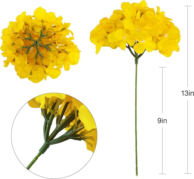 Fake Yellow Hydrangea Artificial Flowers - Faux Silk Hydrangeas Flowers Heads with Stems Real Touch for Home Wedding Party Table Decor(Yellow,Pack of 10)