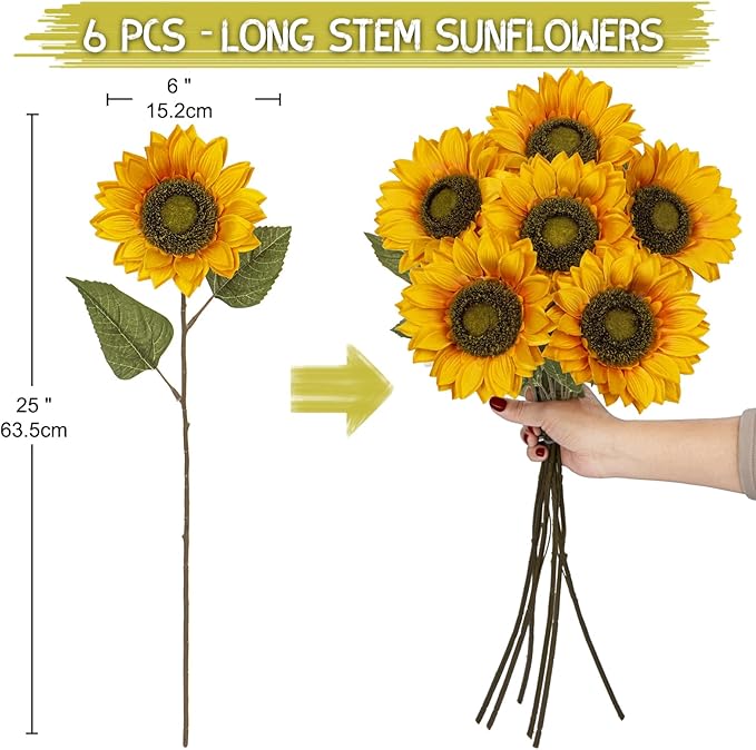 Large Silk Yellow Sunflowers Artificial Fall Flowers 26" Long Stem Artificial Sunflower 6 Pcs Tall Fake Sun Flowers Vintage Faux Sunflowers Bulk with Stem for Home Wedding Birthday Party Decor