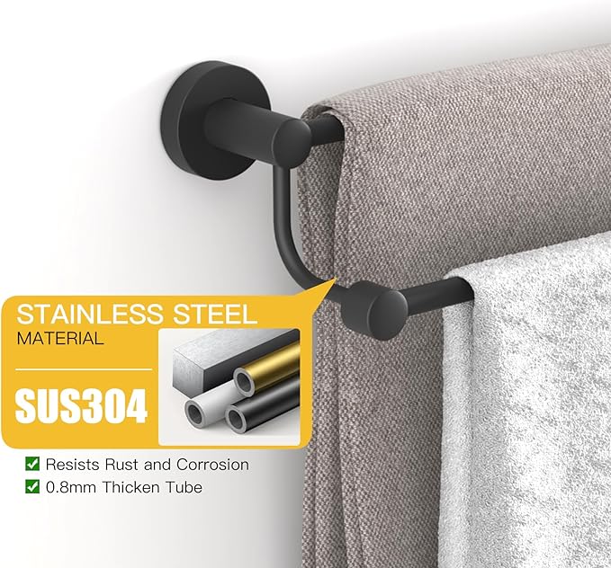 BESy Adjustable 16-26 Inches Double Bath Towel Bar for Bathroom SUS304 Stainless Steel Towel Holder, Hotel Style Wall Mount with Screws Hand Towel Bar Towel Rack Rod Hanger, Matte Black Finish