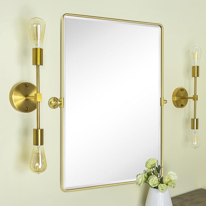 TEHOME Pivot Mirror Brushed Gold Tilt Bathroom Vanity Mirror Large Metal Framed Rectangle Tilting Beveled Vanity Mirrors for Wall, Vertical Hanging, Overall 34.14 x 40 inches (Mirrror 30 x 40 inches)
