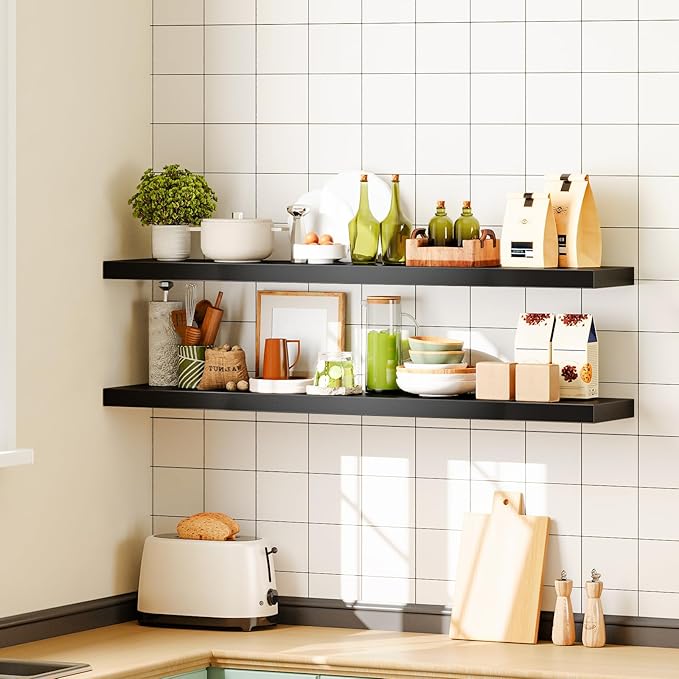 HOOBRO Floating Shelves for Wall, Wall Mounted Shelf Set of 2, 47.2" Hanging Shelf with Invisible Brackets, for Wall Decor Storage in Bathroom Bedroom Kitchen Living Room Office, Black BK120BJP201