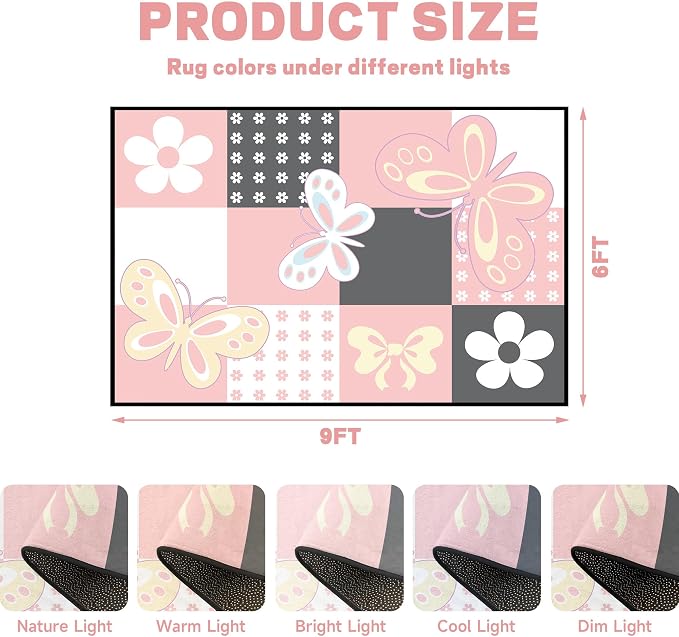 6'x9' Butterfly Area Rug Pink Butterfly Checkered Rugs for Bedroom Living Room Nursery Kitchen Playroom Home Decor Cute Flower Carpet Washable Non Slip Floor Mat