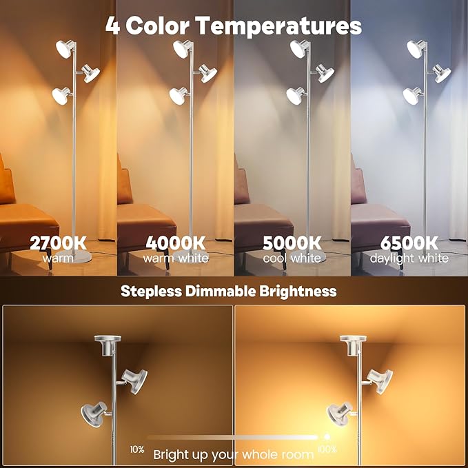 SIBRILLE 36W LED Tree Floor Lamp, Modern Dimmable Standing Lamp with Remote & Touch Control, 4 Color Temperatures, 3 Rotatable LED Light Floor Lamps for Living Room, Bedroom, Office