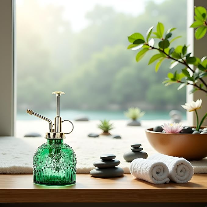 Glass Plant Mister Spray Bottle, 230ML Vintage Plant Spritzer, Succulent Watering Bottle Glass with Top Pump, Small Plants Sprayer Watering Can for Indoor Outdoor House(Green)