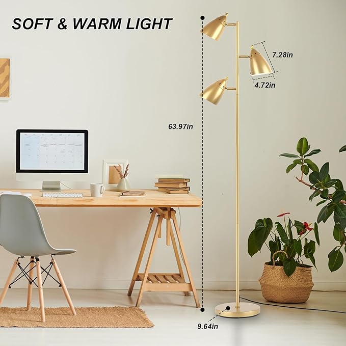 LALISU Tree Floor Lamp for Living Room, Industrial 3-Light Standing Lamp with 3 LED Bulbs, Adjustable Rotation Heads, Standing Tall Pole Lamp Farmhouse Rustic Reading Lamps for Bedroom Office (Gold)