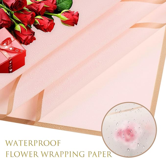 Luerbi 40 Sheets Pink Flower Wrapping Paper, Gold Edge Waterproof Floral Wrapping Paper, 22.8x22.8 inch Bouquet Paper Wrap with 2 Rolls Ribbon for Wedding Birthday Gift DIY Crafts Florist Supplies