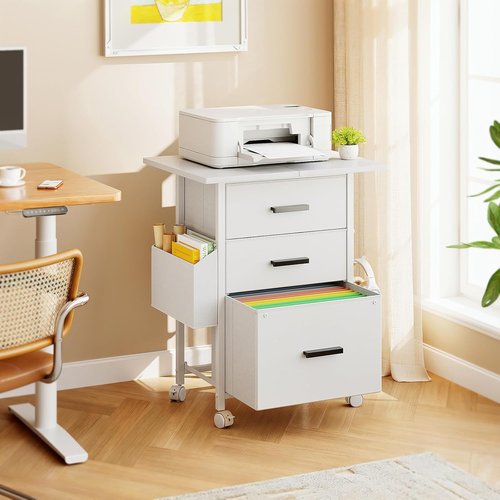 Mexin 3 Drawer File Cabinet - Mobile Printer Stand with 24'' Extended Desktop | White Fabric Drawers