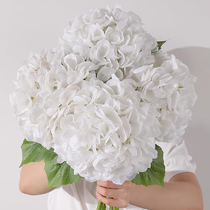 4Pcs Hydrangea Artificial Flowers, 22.44" Real Touch Latex Faux Hydrangea with Long Stems & Leaves for Home Office Decor or Wedding, Party, Centerpieces, Floral Arrangements (White)