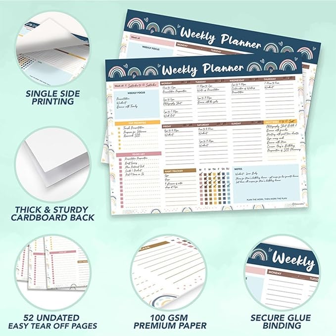 RSORGN Weekly Planner, 52 Pages Undated Daily List Schedule Notebook Time Management Memo Pad for Office, Home Planning & School Scheduling (Pattern-D)