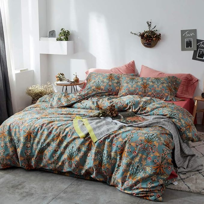 VM VOUGEMARKET Gold Green Flower Duvet Cover Full,Medallion Print Bedding Set Percale Cotton Vibrant Bohemian Pattern Quit Cover with Zipper Closure