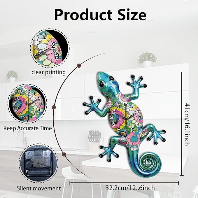 Gecko Wall Clock Irregular Shape Decorative Wall Clock Iridescent Style Non-Ticking Clock for Home Office Decoration, 16.14×12.67 inch