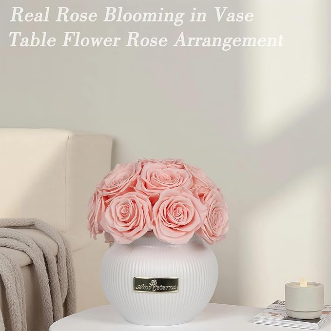 Preserved Roses,Weeding Flowers,Table Centerpiece Flowers14Pcs Long Lasting Real Rose in Ceramic Vase,Table Flowers for Party,Wedding Decor,Birthday,Anniversary,Wedding Gifts for Her(Peach Pink)