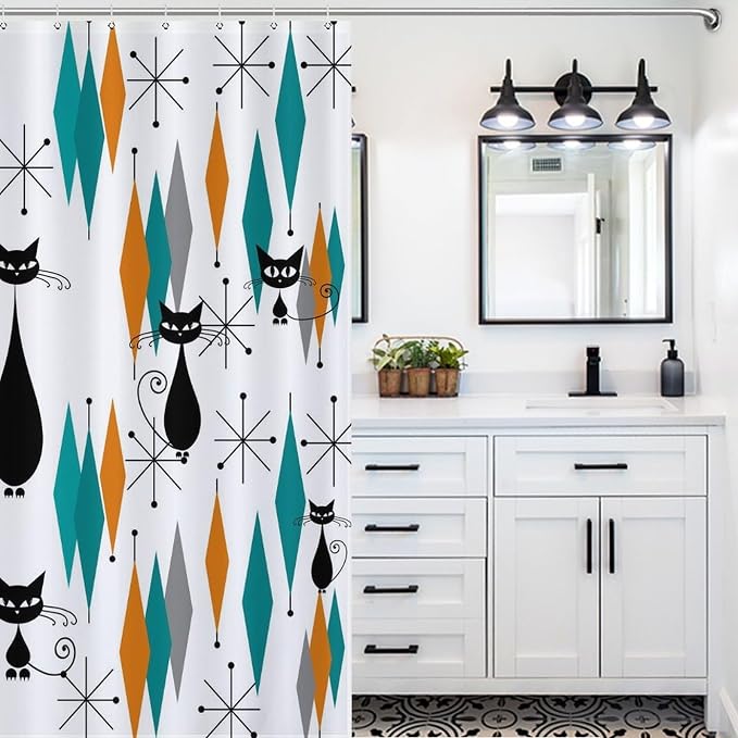 Mid Century Modern Cat Shower Curtain,Abstract Atomic Starburst Geometric Diamond Pattern Shower Curtains Set for Bathroom Fabric Decorative Bath Curtain Washable Curtain Hooks, 72x72”