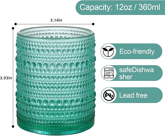 ZMOWIPDL Vintage Glassware Drinking Glasses Set of 6,12 oz Hobnail Glass Cups,Embossed Lake Blue Water Tumbler,for Beer,Cocktail,Whiskey,Juice and Various Mixed Drinks- 1 Cleaning Brush
