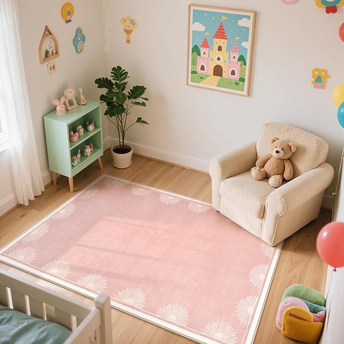 Hedlive Modern 3x5 Pink Rugs for Bedroom Girls,Ultra Thin Nursery Rug for Girls Room, Sun Printed Non Slip Washable Area Rug,Soft Non Shedding Throw Carpet for Playroom Classroom(3'x5',Pink)