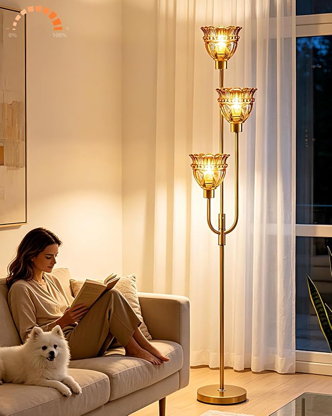Lightdot 66IN 3-Lights Modern Glass Floor Lamp Gold Dimmable Floor Lamps with 3000K Warm White Bulbs for Wedding Party Tall Standing Lamp with Amber Glass Shade for Living Room/Bedroom/Home Decor
