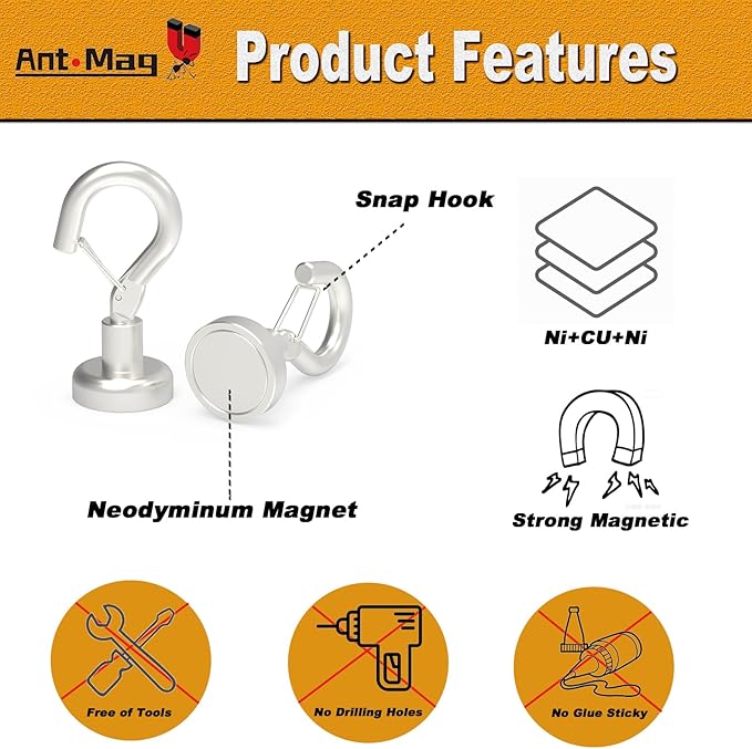 Ant Mag Magnetic Hooks Heavy Duty with Snap 22lbs Strong Magnet Hooks Great Hanging for Refrigerator, Cruise Cabin, Grill, Wreath,Kitchen,Office 10 Pack