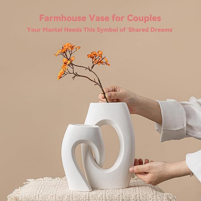 Intertwined Couple Vase Set - 2-Pcs White Ceramic Vases with Loop Design & Wide Rectangular Neck, Romantic Gifts for Couples, Wedding Gift for Couple, Decorative Vase for Living Room