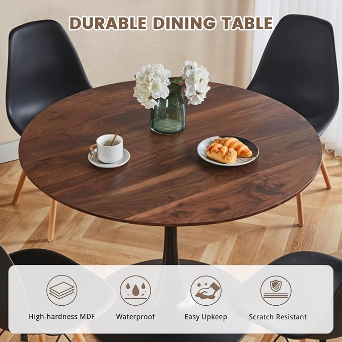 5-Piece Round Dining Table Set,42" Mid-Century Modern Kitchen Table with 4 Chairs,Tulip Pedestal Table & Solid Wood Legs,Space Saving Compact Furniture for Small Spaces Apartment Home,Walnut/Black