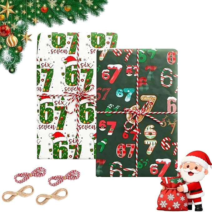 2Pcs 67 Christmas Wrapping Paper, 2025 Funny Holiday Gift Wrap, Unique Six Seven Festive Wrapping Papers, 67 Meme Funny Teen Holiday Gift Wrap (White+Green)