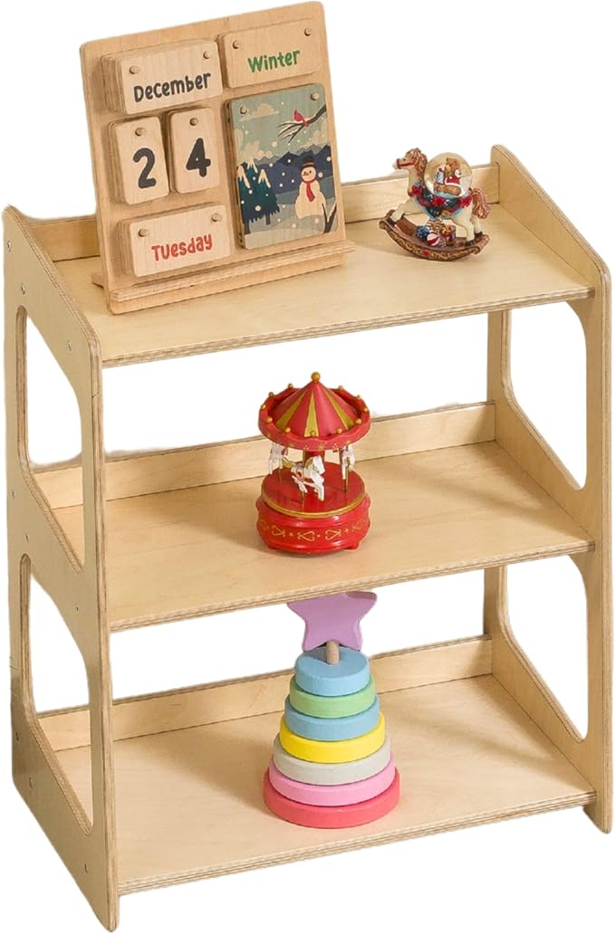 Montessori Bookshelf for Toddlers Solid Wood Toy Storage Shelf Organizer for Playroom and Classroom Floor Bookshelf for Kids Room (Natural, 3-Shelves)