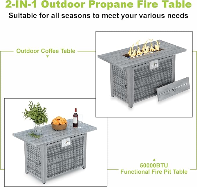 43" Rectangular Propane Fire Pit for Outside Patio 2 in 1, 50,000 BTU Fireplaces with Lid, Glass Rocks, Cover