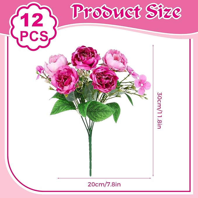 Olgaa 12 Bundles Peonies Artificial Flowers Fake Peony Bouquet Faux Peonies Flowers Bulk with Stems Flower Balls for Centerpiece Table Decorations Wedding Bridal Floral Arrangement (Rose Red)