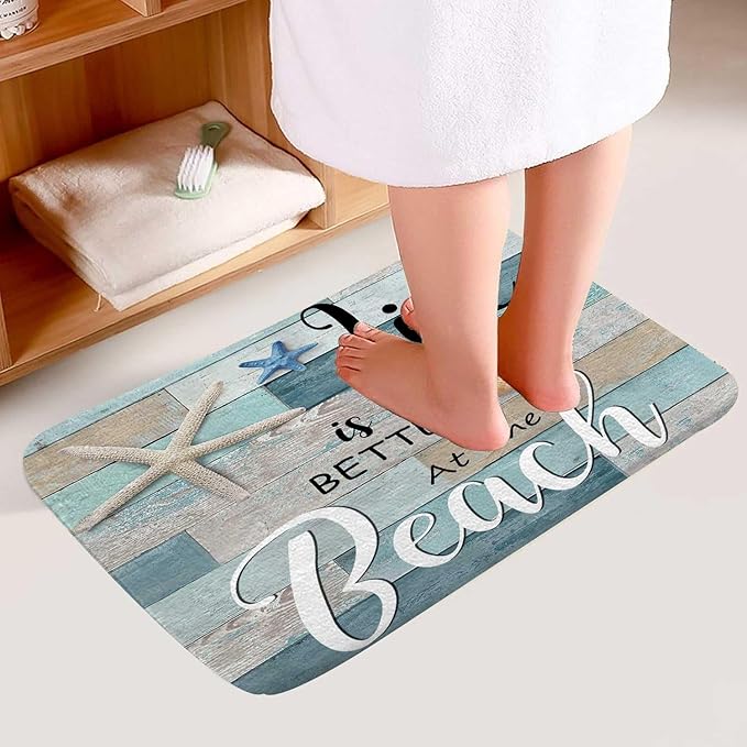 Beach Bath Rugs for Bathroom, Rustic Vintage Wood Ocean Quote Words Summer Non Slip Flannel Bathroom Rug, Nautical Coastal Starfish Dry Fast Water Absorbent Bath Mats, 17X29 Inch