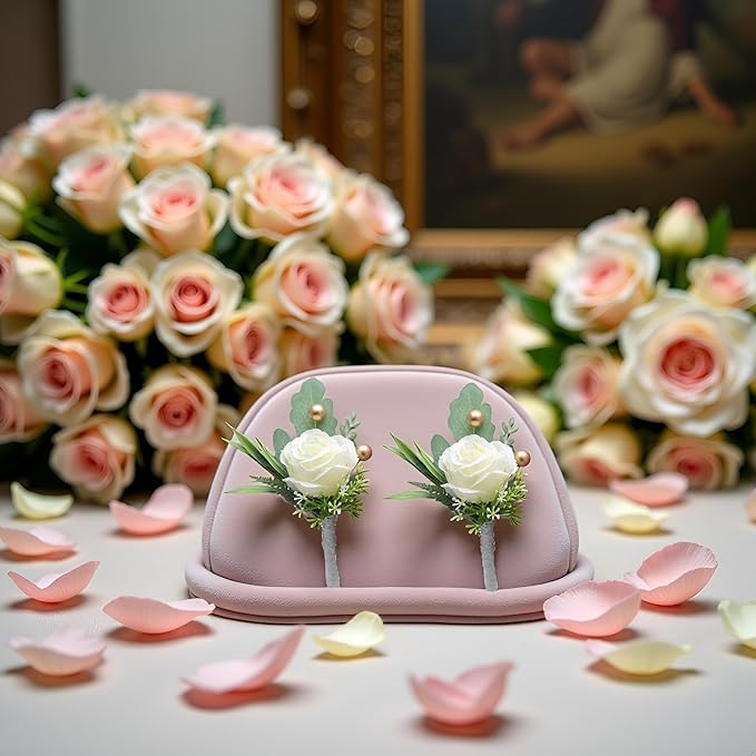 Jowxsx 2Pcs Roses Boutonniere for Men Wedding, Groom Groomsman Artificial White Rose Flowers with pins for Wedding Anniversary Celebration,Prom,Party,Home Decoration Artificial Flowers