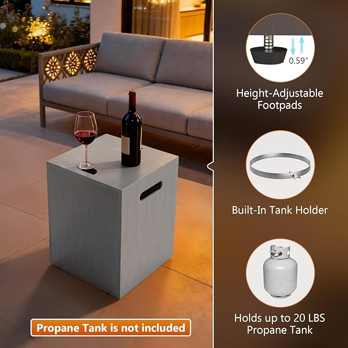 2-Piece 42" Rectangular Propane Fire Pit for Outside Patio with Hidden Tank Table, 50,000 BTU Fireplaces with Glass Wind Guard, Lid, Glass Rocks, Cover(Light Grey)