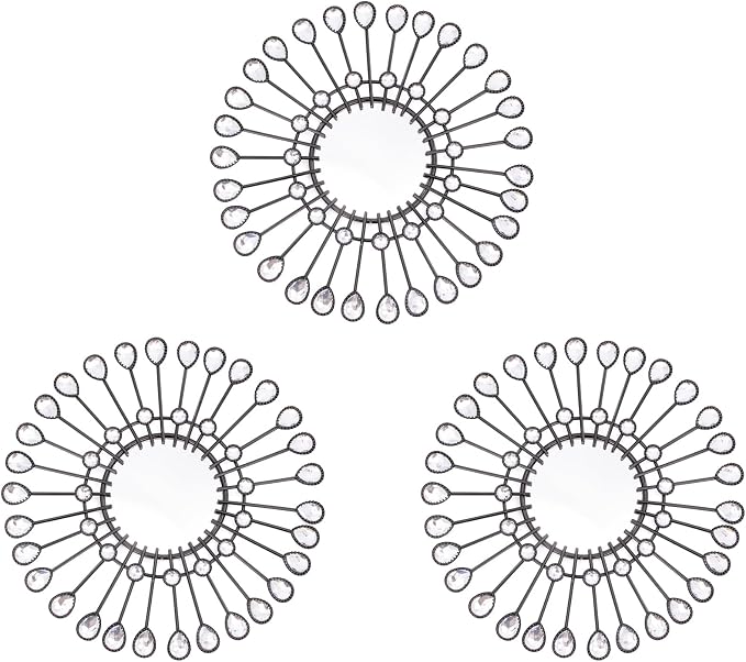 Black Mirrors 3 Piece, Sunburst Mirror Hanging Wall Decor, 9 inch Decorative Mirrors Wall Art, Rhinestone Round Mirror for Bedroom, Valentine, Kitchen, House Warming Valentine Gifts