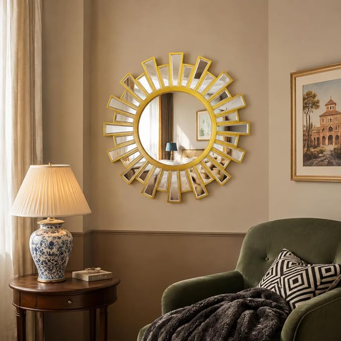 Gold Large Sunburst Wall Mirror - 24 inch Round Beveled Sun Mirror with Layered Metal Frame for Wall Decorative Modern Boho Wall Art for Entryway Bedroom Living Room Hallway Bathroom Dining Room