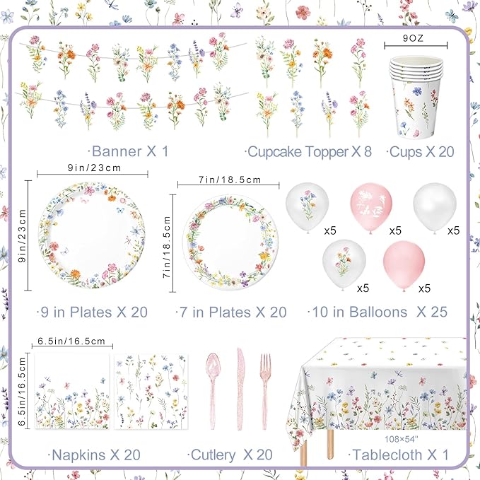 175 PCS Spring Wildflower Party Decorations include Plates, Cups, Napkins, Cutlery, Cake Toppers, Banner, Tablecloth, Balloons for Floral Baby Shower Birthday Decorations, Serves 20