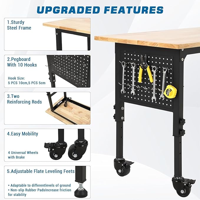 TrailBlaze 60"x24" Workbench, Heavy Duty Rubber Wood Top Workbench with Pegboard Hooks & Power Outlet & 4 Lockable Wheels, Adjustable Height Work Table for Home Garage Workshop - 2000lbs Load Capacity