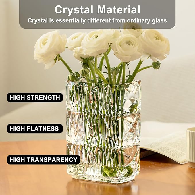 Glass Flower Vase, Clear Crystal Vases for Centerpieces, Heavy Handmade Modern Vases for Decor Home Bedroom Kitchen Office Living Room, 7.88 Inch (Clear)